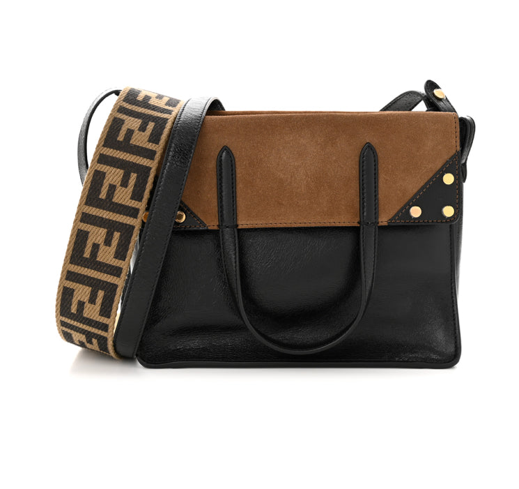 FENDI Glossy Lambskin Suede Small Flip Tote Black Marrone