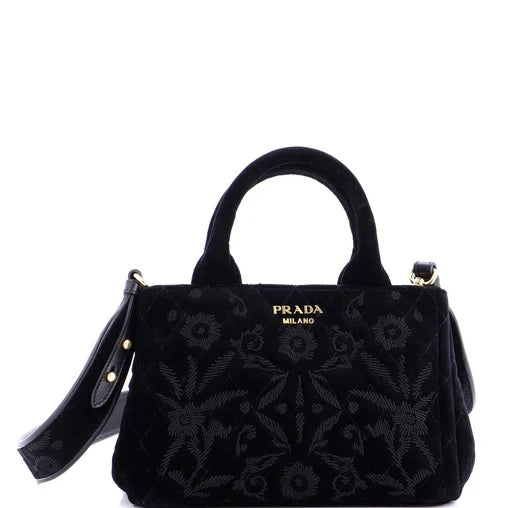 Prada Convertible Open Tote Quilted Embroidered Velvet Mini