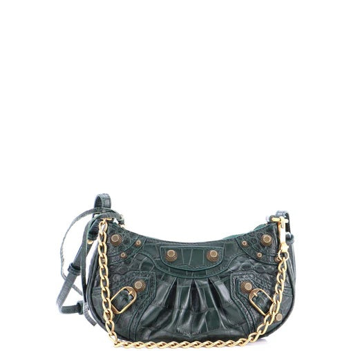 Balenciaga Le Cagole Giant Studs Shoulder Bag Crocodile Embossed Leather Mini