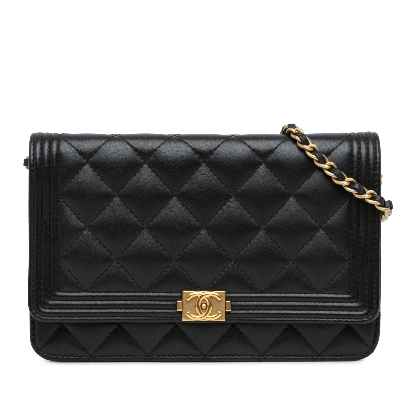 Chanel Lambskin Quilted Boy Wallet On Chain WOC Black