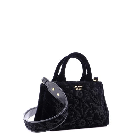 Prada Convertible Open Tote Quilted Embroidered Velvet Mini