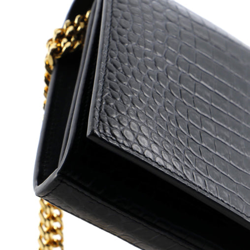 Saint Laurent Classic Monogram Wallet on Chain Crocodile Embossed Leather