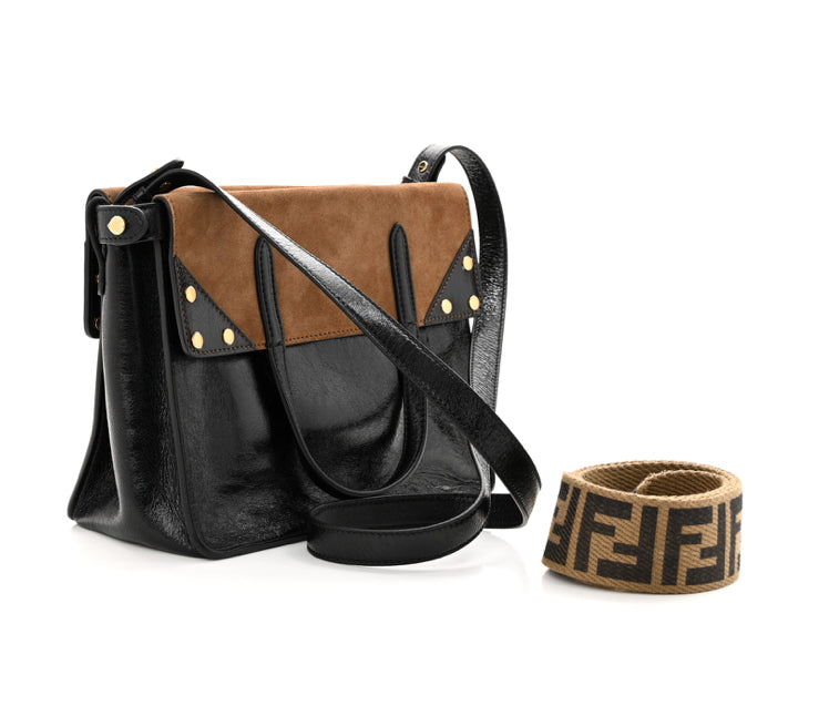 FENDI Glossy Lambskin Suede Small Flip Tote Black Marrone