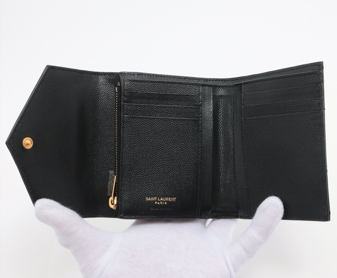 Saint Laurent Paris YSL line V Stitch Black Compact Wallet Leather