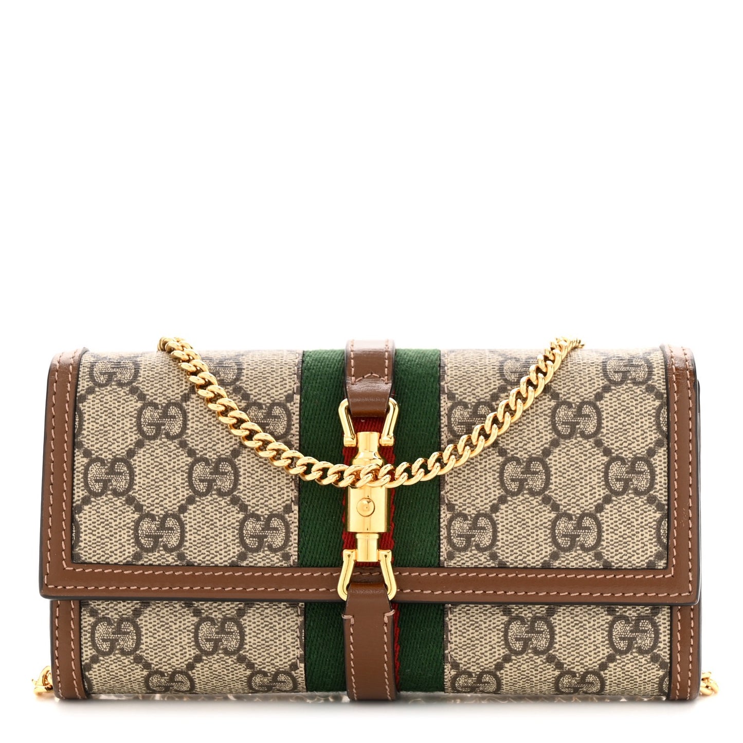GUCCI GG Supreme Monogram Azalea Calfskin Web Jackie 1961 Chain Wallet Beige Ebony Brown Sugar