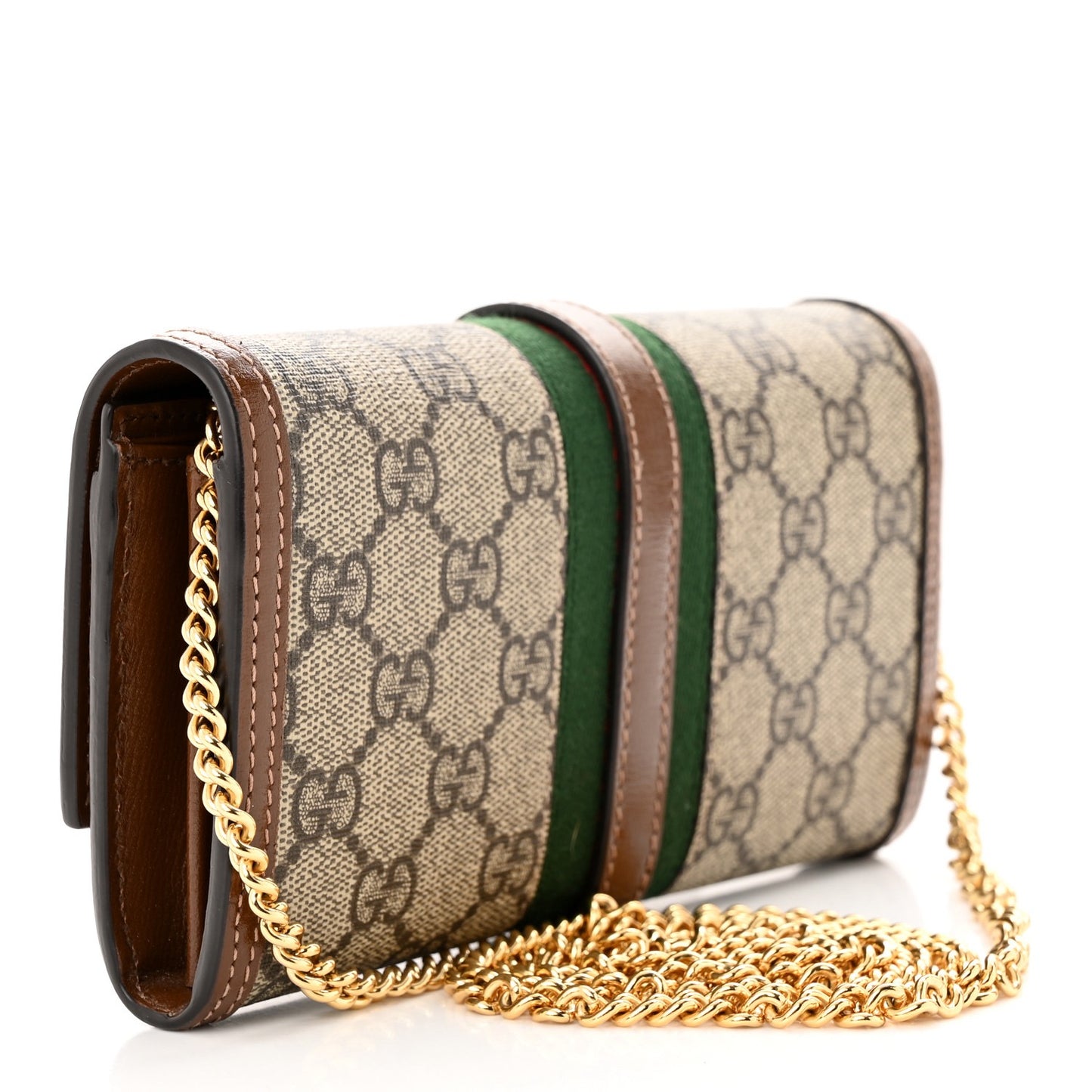 GUCCI GG Supreme Monogram Azalea Calfskin Web Jackie 1961 Chain Wallet Beige Ebony Brown Sugar