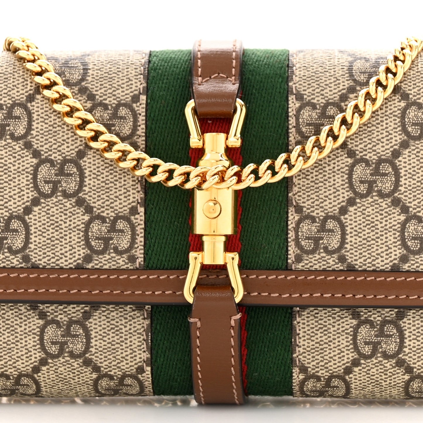 GUCCI GG Supreme Monogram Azalea Calfskin Web Jackie 1961 Chain Wallet Beige Ebony Brown Sugar