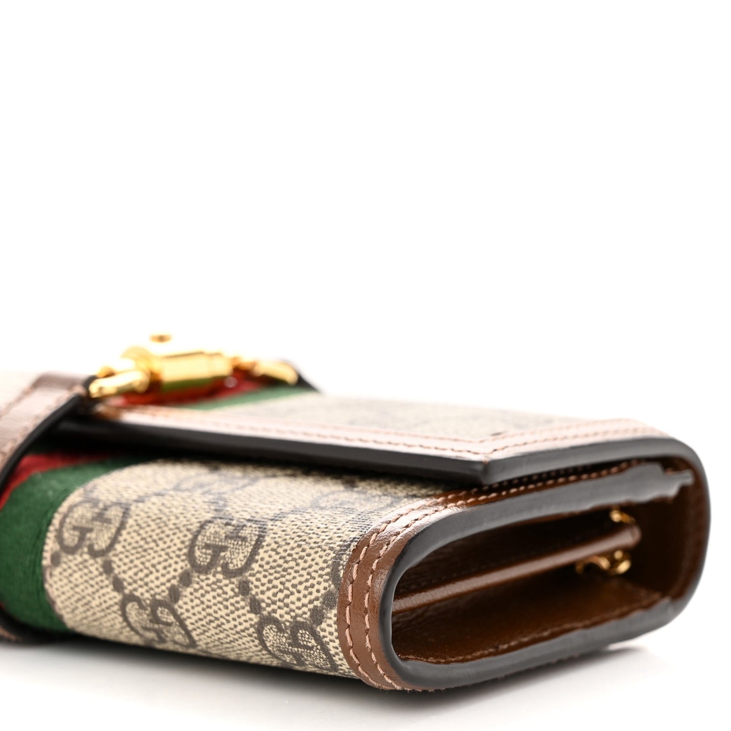GUCCI GG Supreme Monogram Azalea Calfskin Web Jackie 1961 Chain Wallet Beige Ebony Brown Sugar