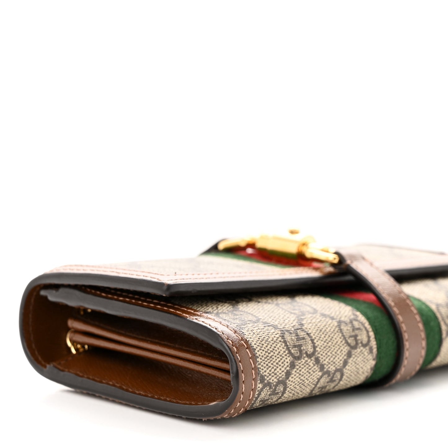 GUCCI GG Supreme Monogram Azalea Calfskin Web Jackie 1961 Chain Wallet Beige Ebony Brown Sugar