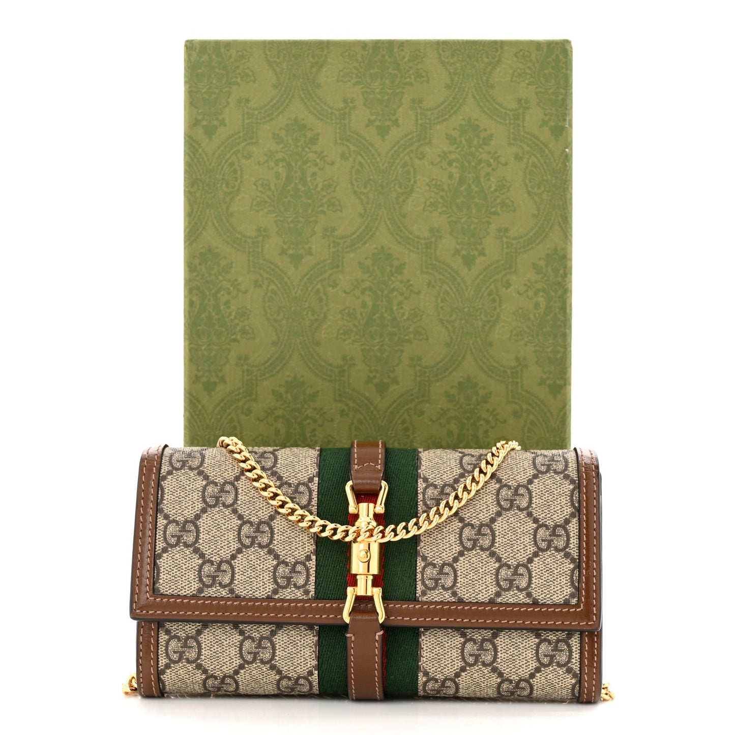 GUCCI GG Supreme Monogram Azalea Calfskin Web Jackie 1961 Chain Wallet Beige Ebony Brown Sugar