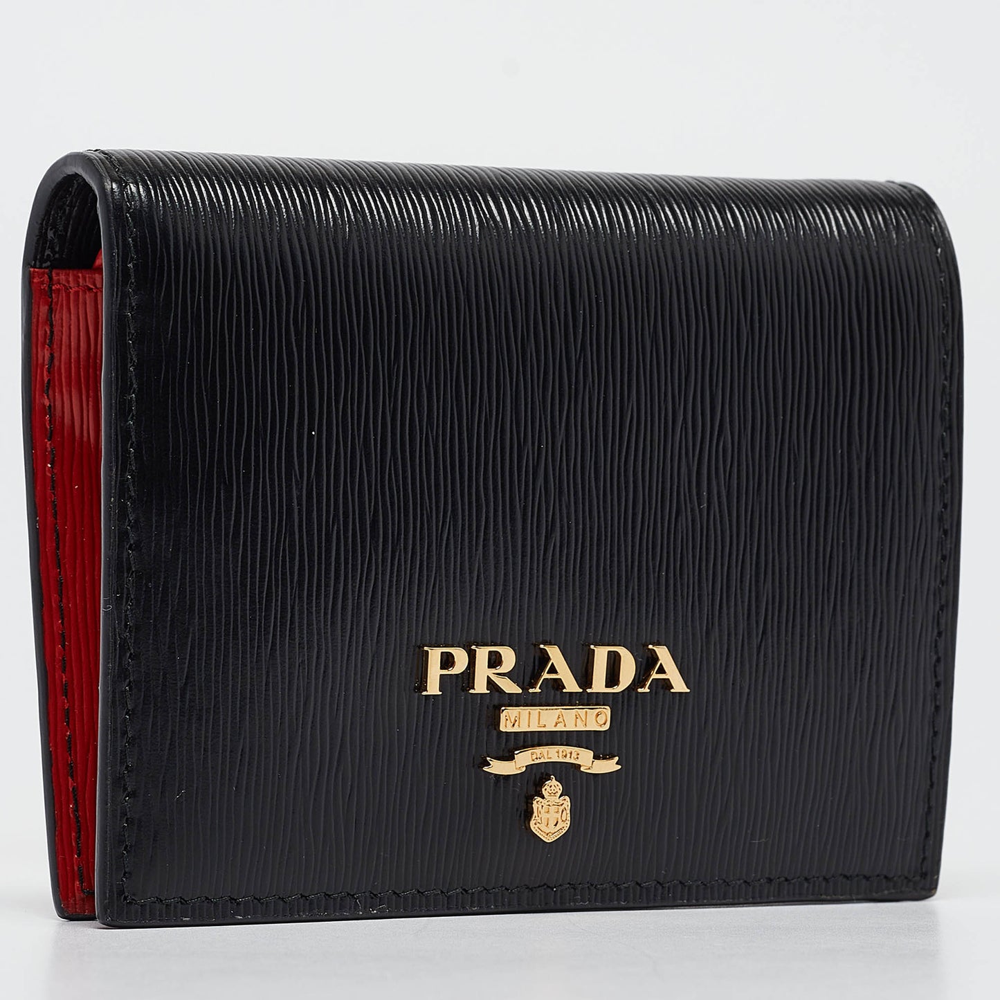 New Prada Black/Red Vitello Move Leather Logo Bifold Compact Wallet