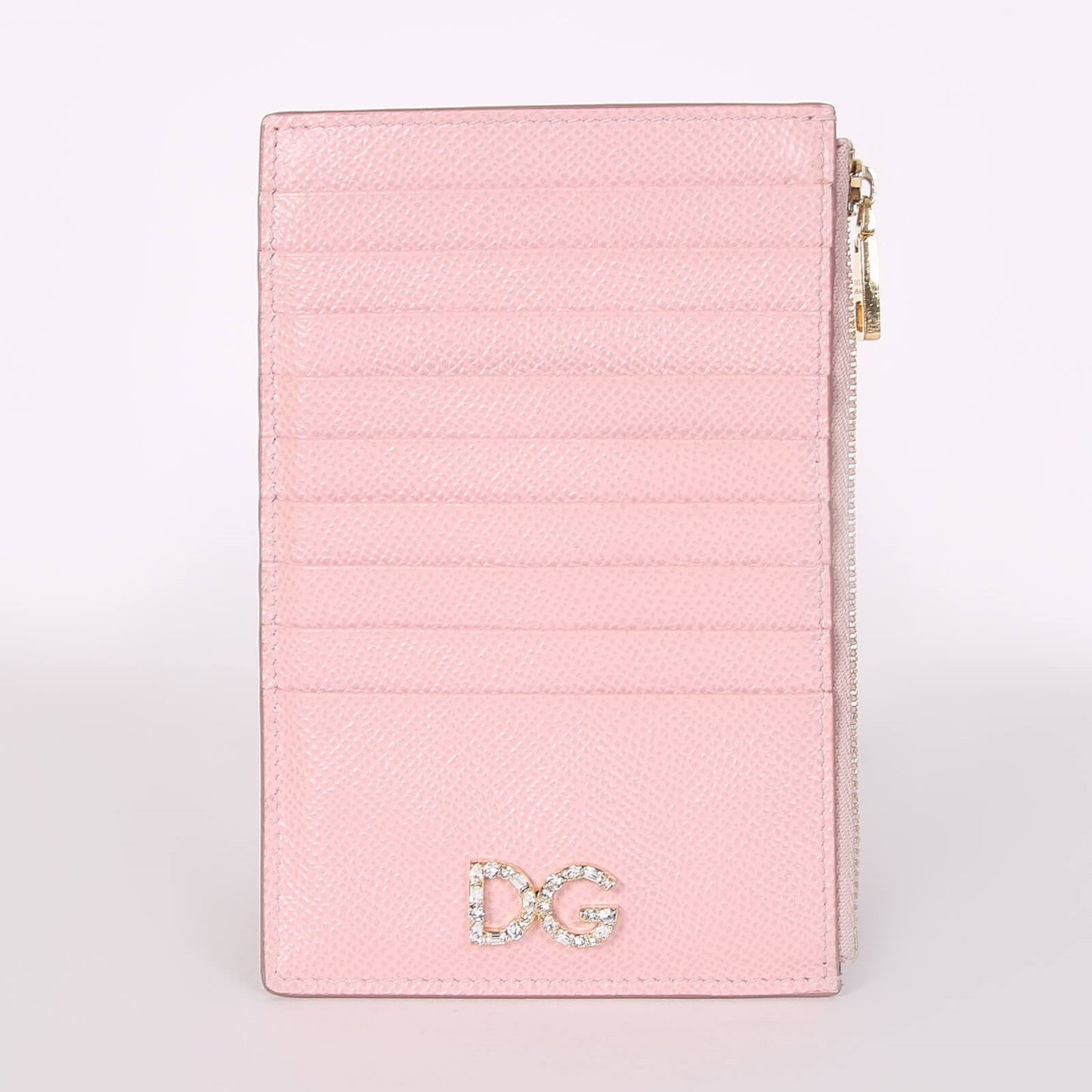 New  Dolce & Gabbana Crystal DG Logo Calfskin Vertical Card Holder Light Pink