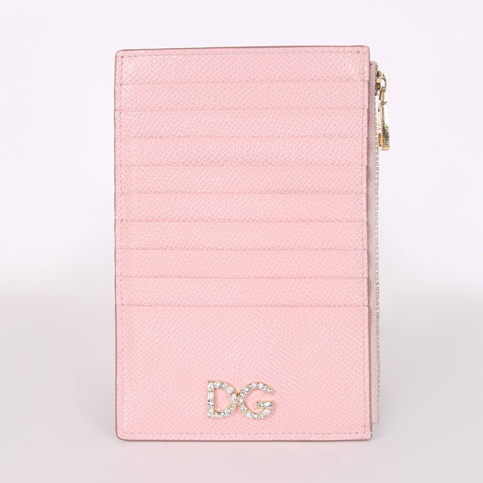 New  Dolce & Gabbana Crystal DG Logo Calfskin Vertical Card Holder Light Pink
