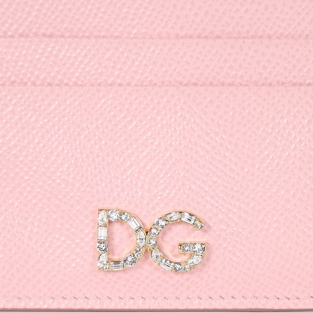 New  Dolce & Gabbana Crystal DG Logo Calfskin Vertical Card Holder Light Pink