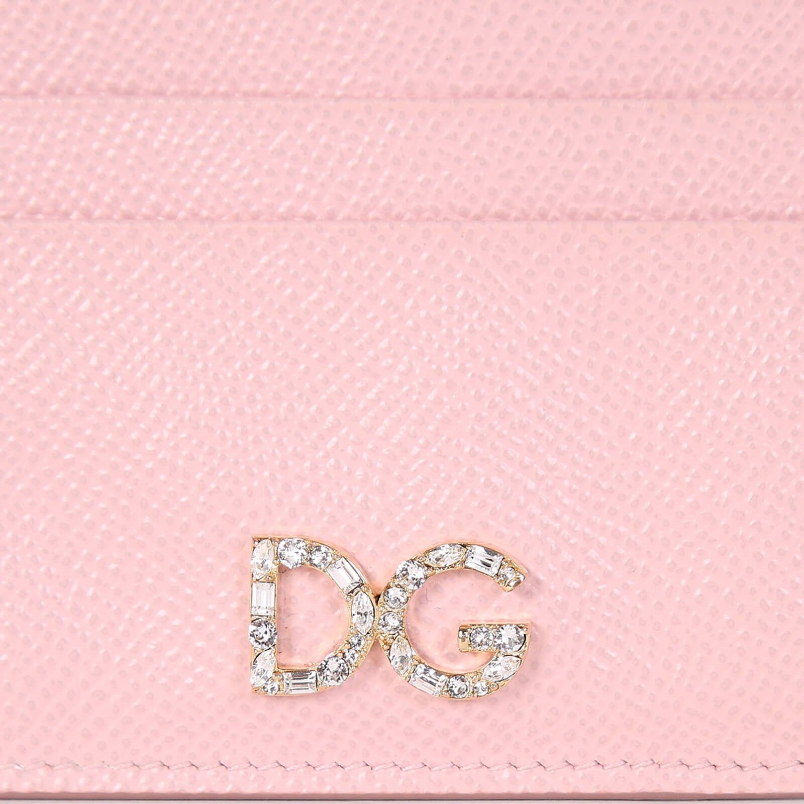New  Dolce & Gabbana Crystal DG Logo Calfskin Vertical Card Holder Light Pink