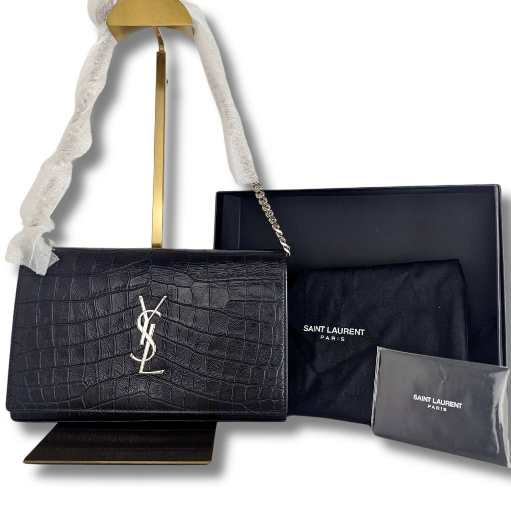 SAINT LAURENT Calfskin Crocodile Embossed Monogram Chain Wallet Black