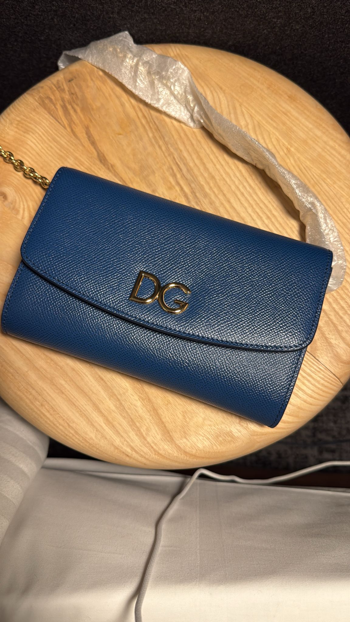 New Dolce & Gabbana Blue Grained leather DG Logo Flap Chain clutch