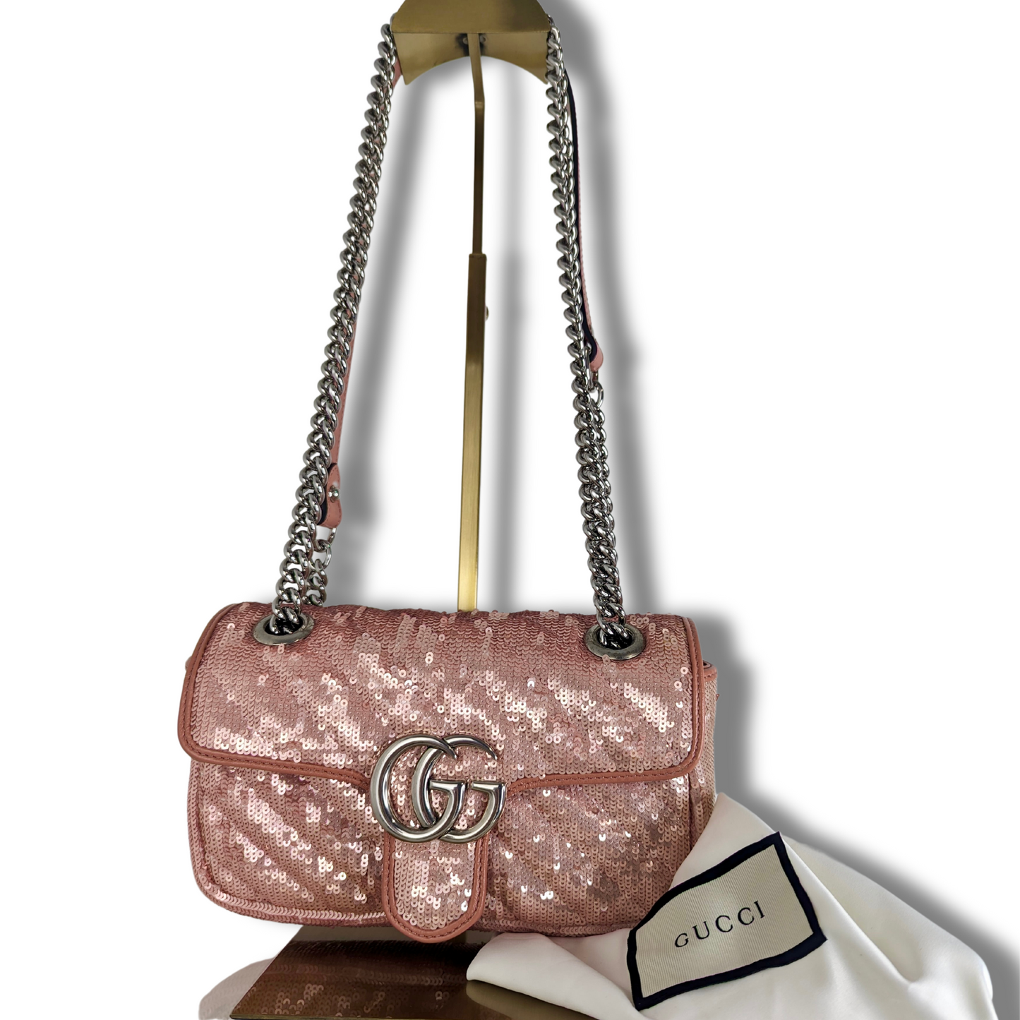 GUCCI Sequin Matelasse Diagonal Mini GG Marmont Shoulder Bag Antique Rose Rosa Pale Pink