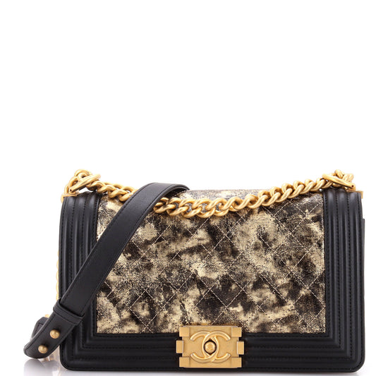 Chanel Boy Flap Bag Quilted Metallic Crumpled Goatskin Old Medium