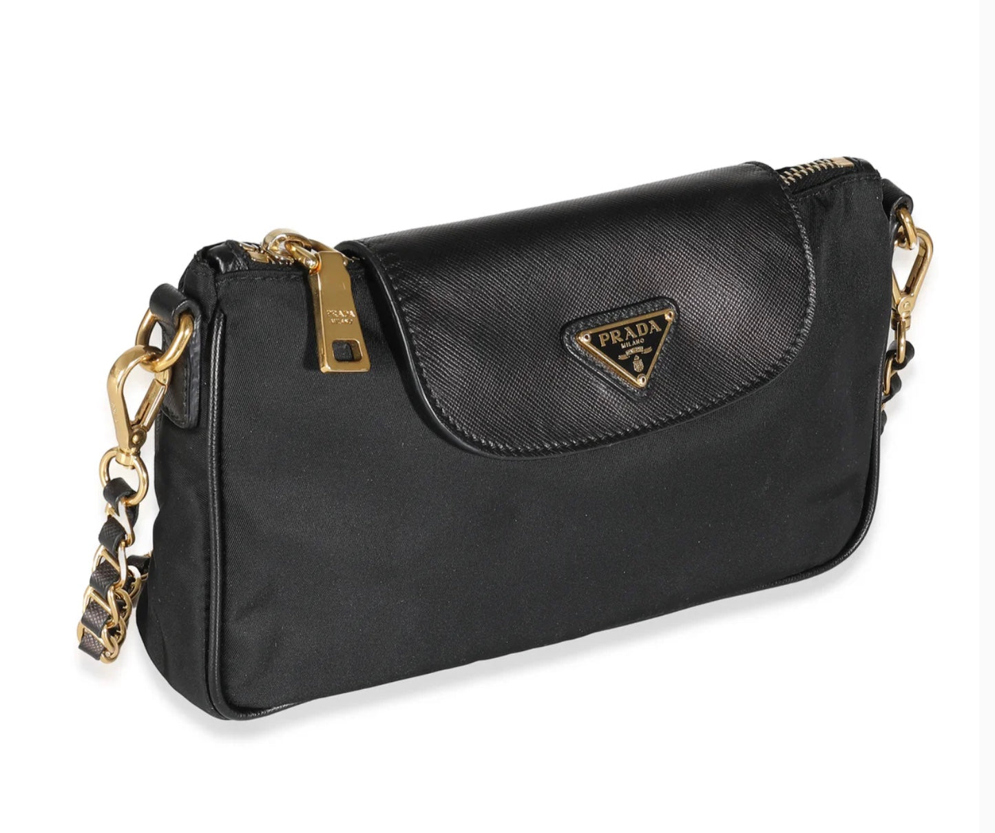 Prada Black Tessuto Nylon Saffiano Small Flap Crossbody