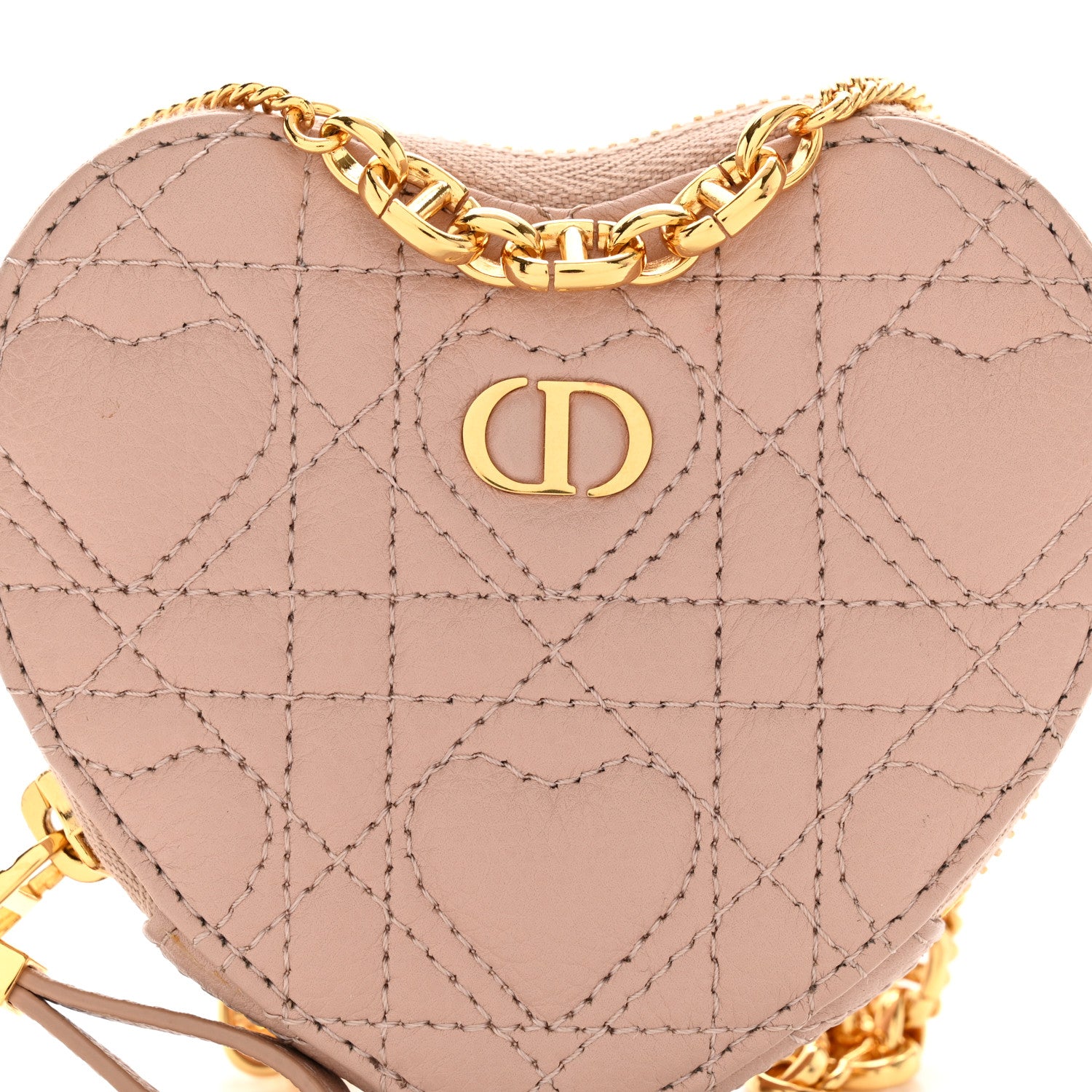 Christian Dior Calfskin Cannage Dioramour Caro Heart Pouch With Chain Rose Des Vents
