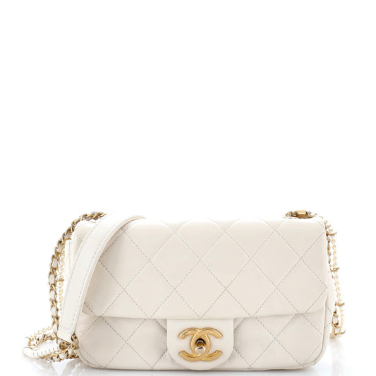 Chanel Crystal Pearls Chain Flap Bag Quilted Calfskin Small