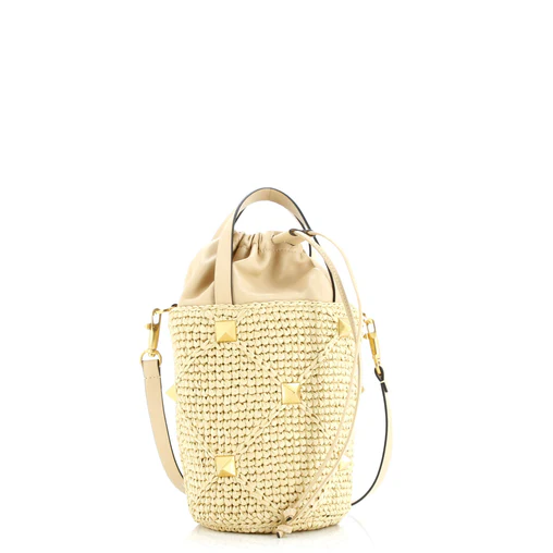 Valentino Garavani Roman Stud Bucket Bag Raffia and Leather