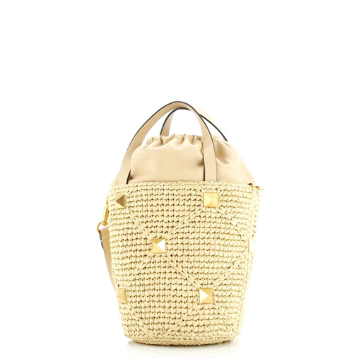 Valentino Garavani Roman Stud Bucket Bag Raffia and Leather