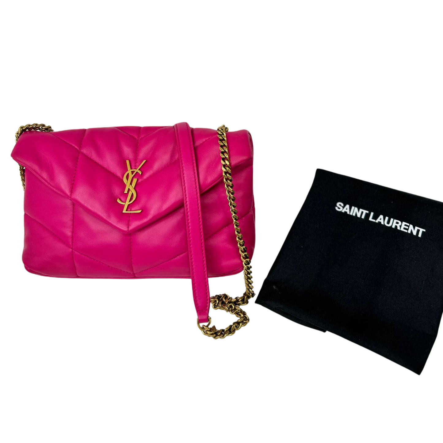 SAINT LAURENT Lambskin Quilted Toy Loulou Puffer Monogram Chain Satchel Lipstick Fushia