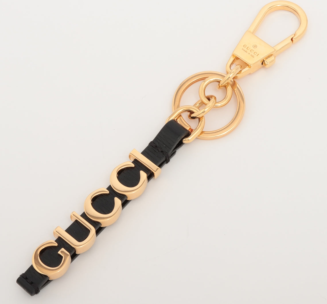 Gucci Logo Keyring GP & Leather Black×Gold