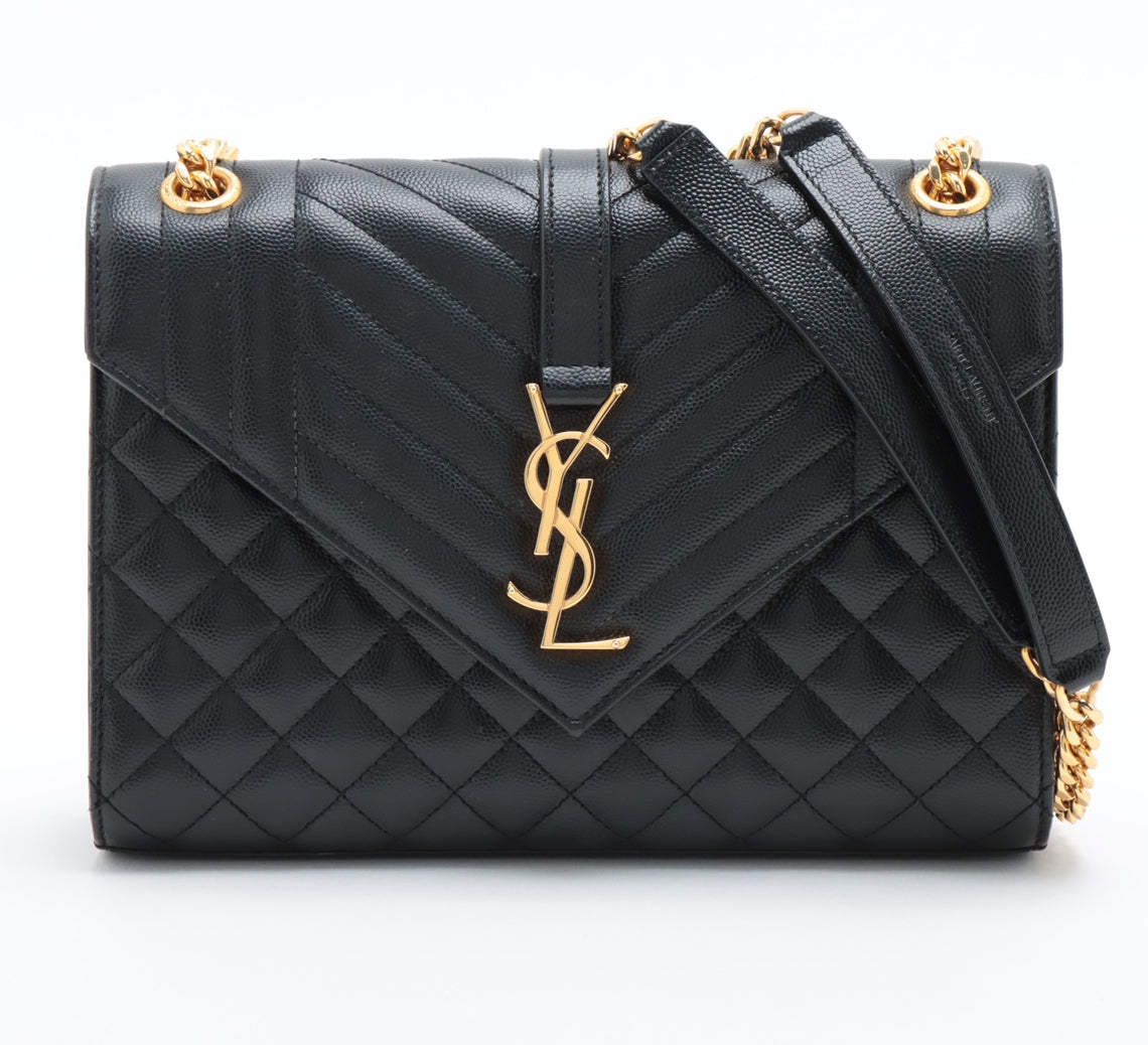 Saint Laurent Paris Envelope Leather Chain Shoulder Bag Black