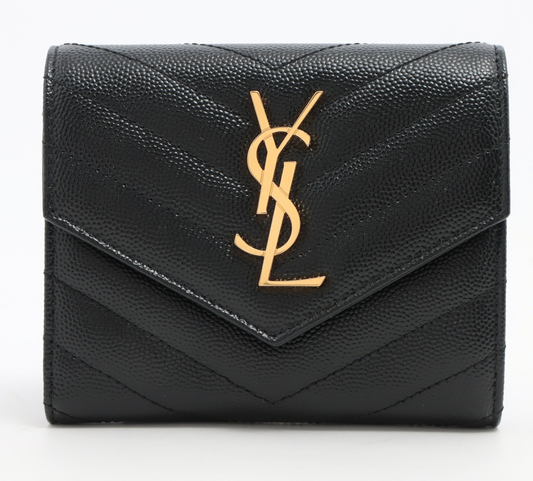 Saint Laurent Paris YSL line V Stitch Black Compact Wallet Leather