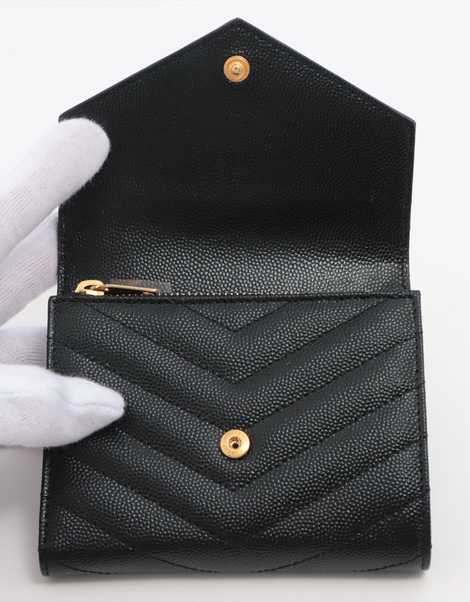 Saint Laurent Paris YSL line V Stitch Black Compact Wallet Leather