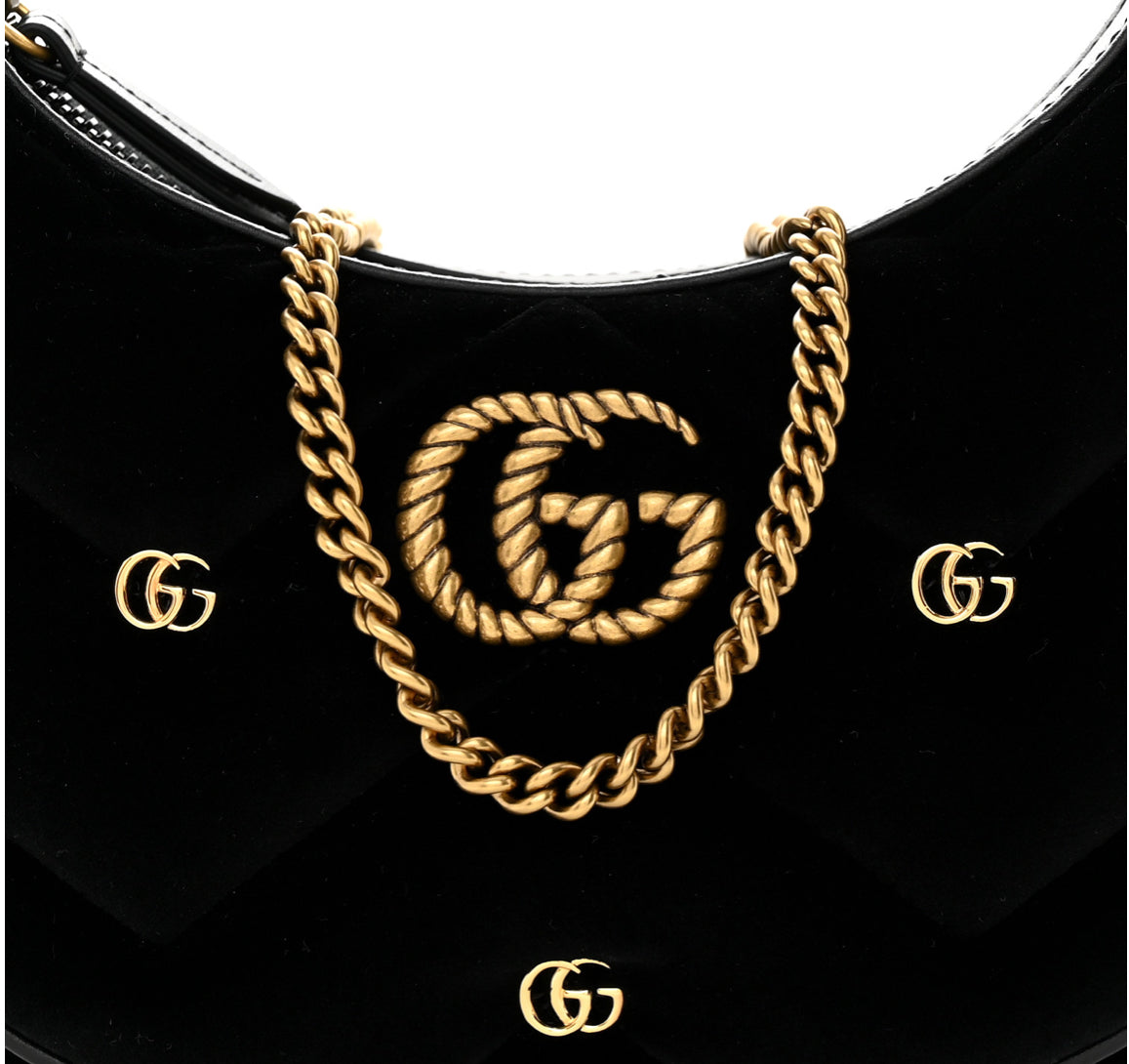 GUCCI  Velvet Matelasse Double G Studs Torchon GG Marmont Half Moon Hobo