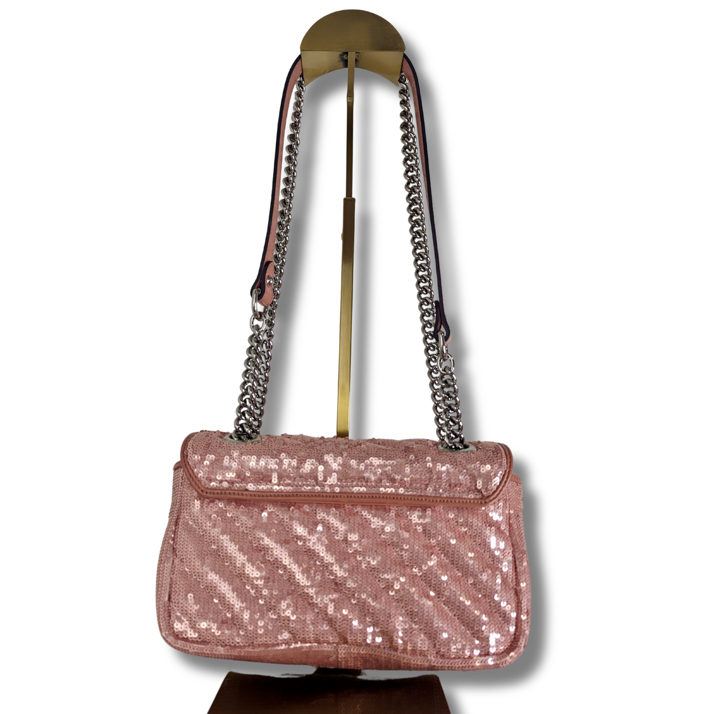 GUCCI Sequin Matelasse Diagonal Mini GG Marmont Shoulder Bag Antique Rose Rosa Pale Pink