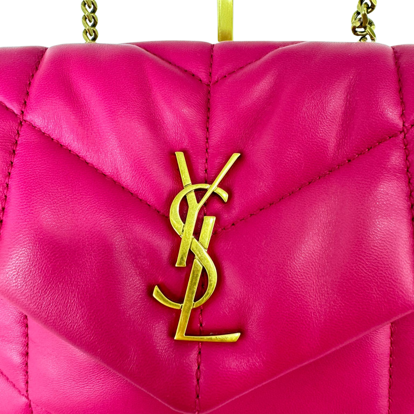 SAINT LAURENT Lambskin Quilted Toy Loulou Puffer Monogram Chain Satchel Lipstick Fushia