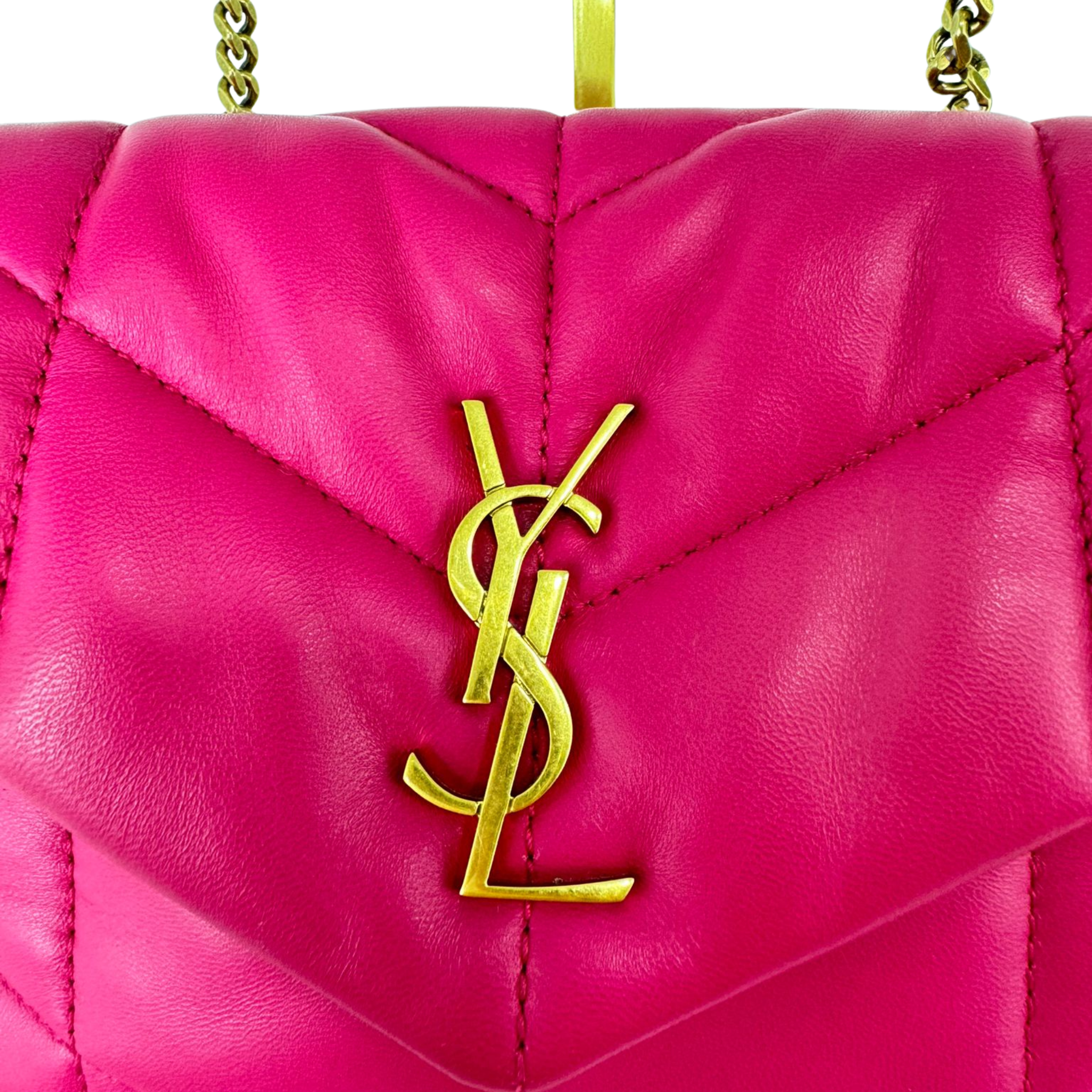 SAINT LAURENT Lambskin Quilted Toy Loulou Puffer Monogram Chain Satchel Lipstick Fushia