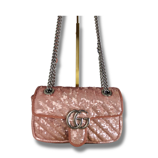 GUCCI Sequin Matelasse Diagonal Mini GG Marmont Shoulder Bag Antique Rose Rosa Pale Pink
