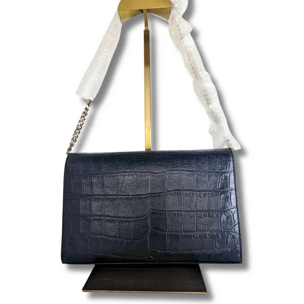 SAINT LAURENT Calfskin Crocodile Embossed Monogram Chain Wallet Black