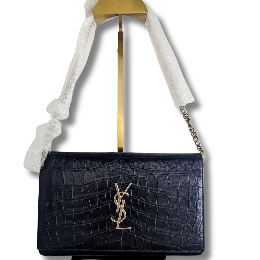 SAINT LAURENT Calfskin Crocodile Embossed Monogram Chain Wallet Black