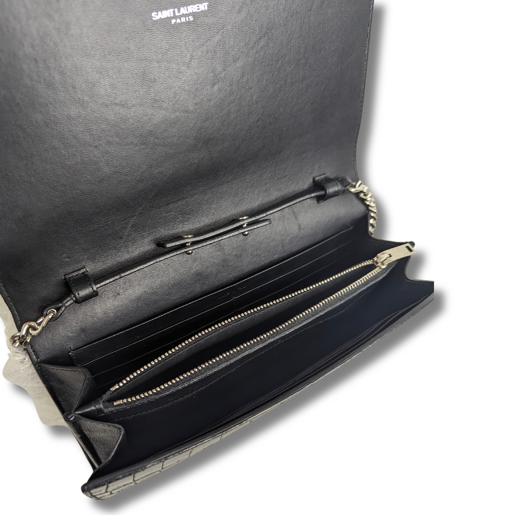 SAINT LAURENT Calfskin Crocodile Embossed Monogram Chain Wallet Black