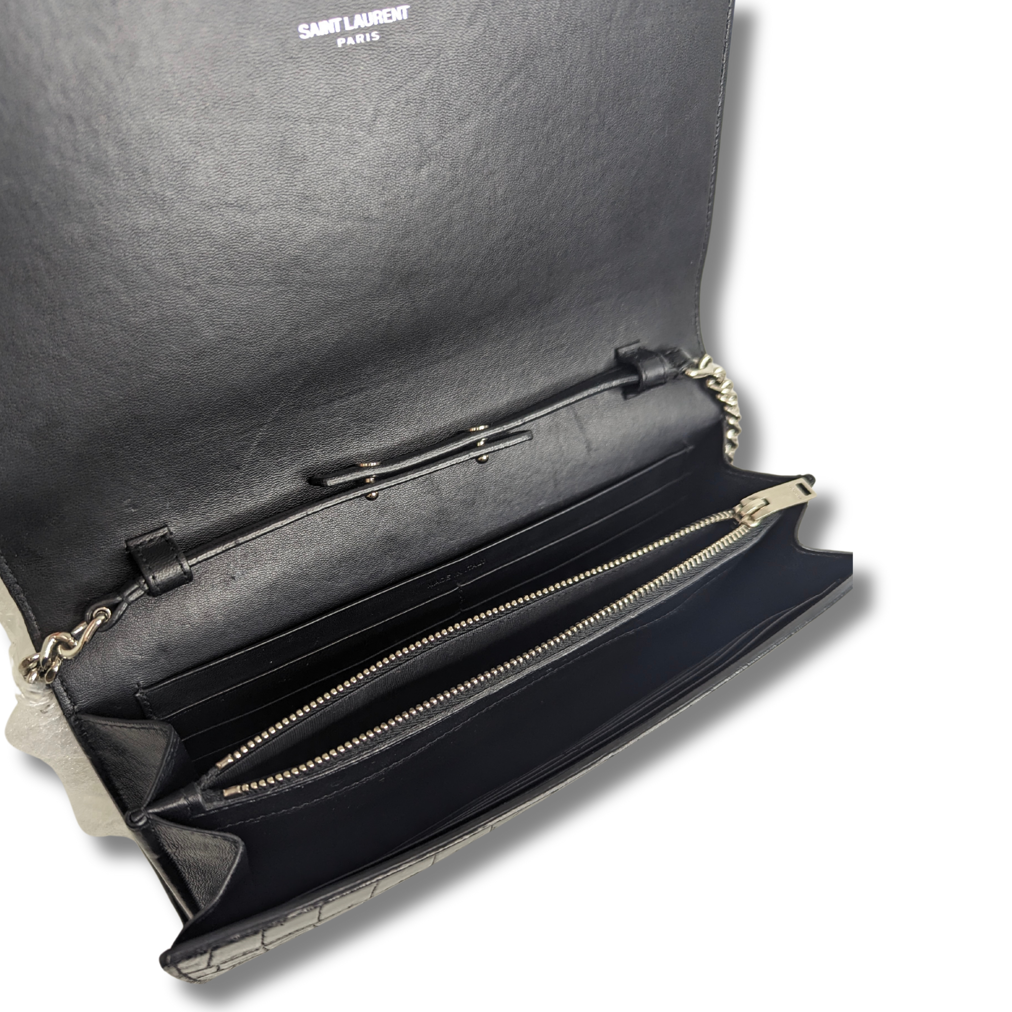 SAINT LAURENT Calfskin Crocodile Embossed Monogram Chain Wallet Black