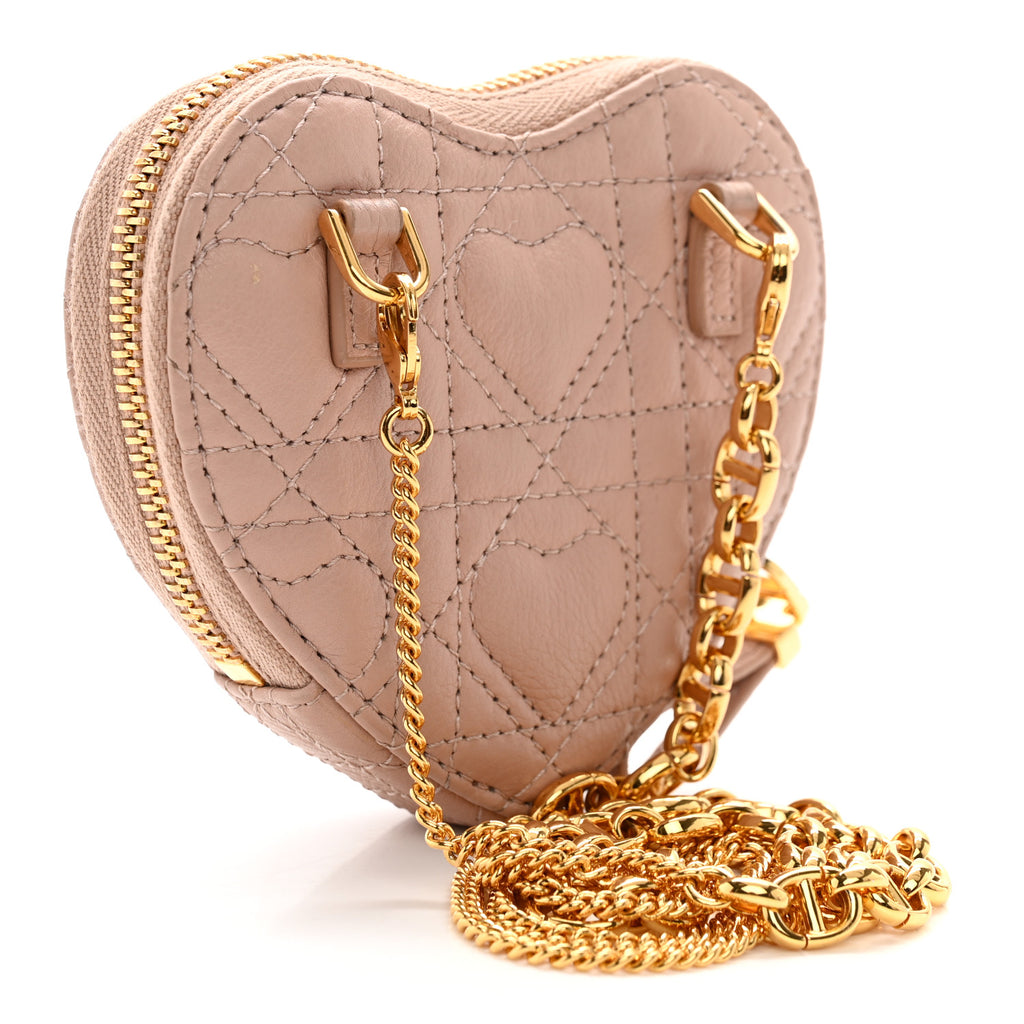 Christian Dior Calfskin Cannage Dioramour Caro Heart Pouch With Chain Rose Des Vents