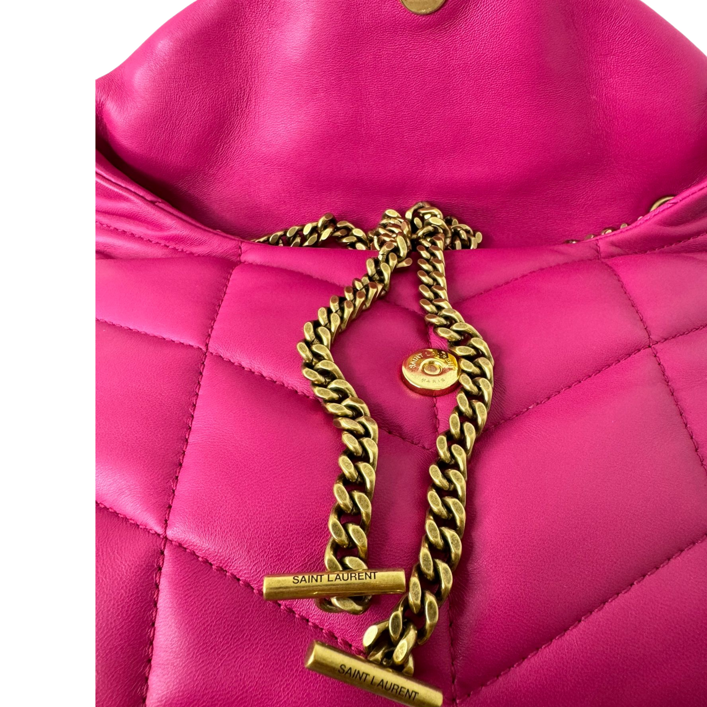 SAINT LAURENT Lambskin Quilted Toy Loulou Puffer Monogram Chain Satchel Lipstick Fushia