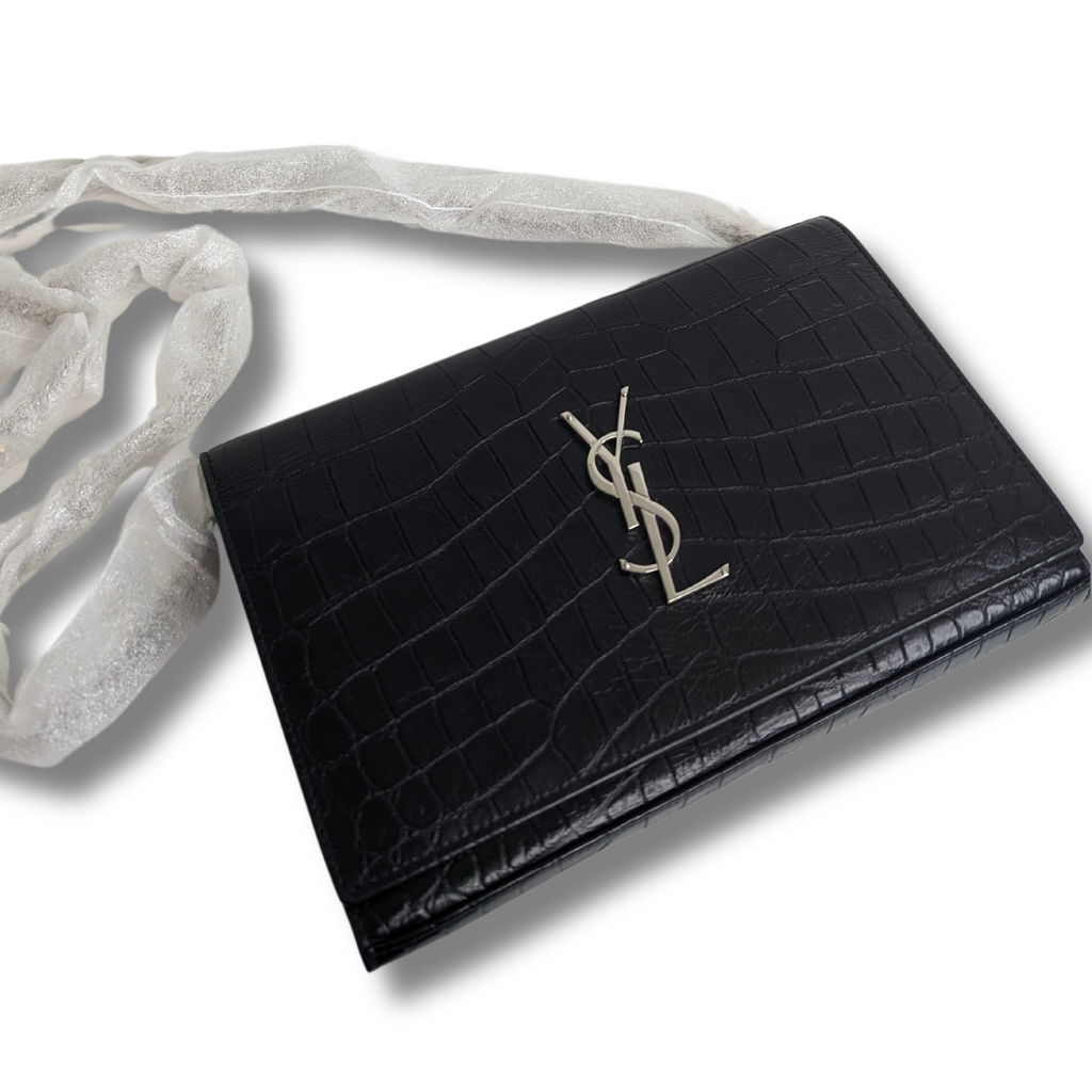 SAINT LAURENT Calfskin Crocodile Embossed Monogram Chain Wallet Black