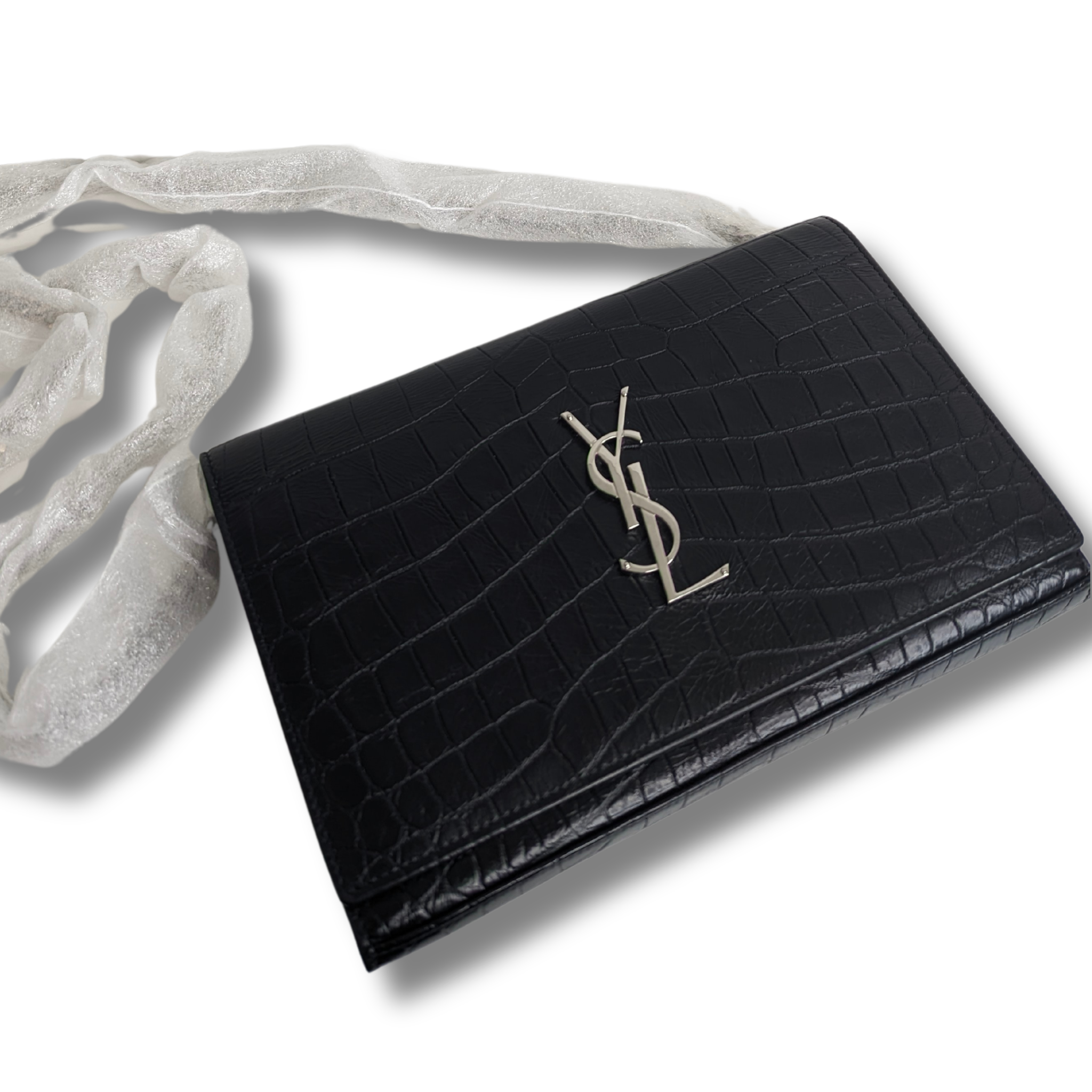 SAINT LAURENT Calfskin Crocodile Embossed Monogram Chain Wallet Black