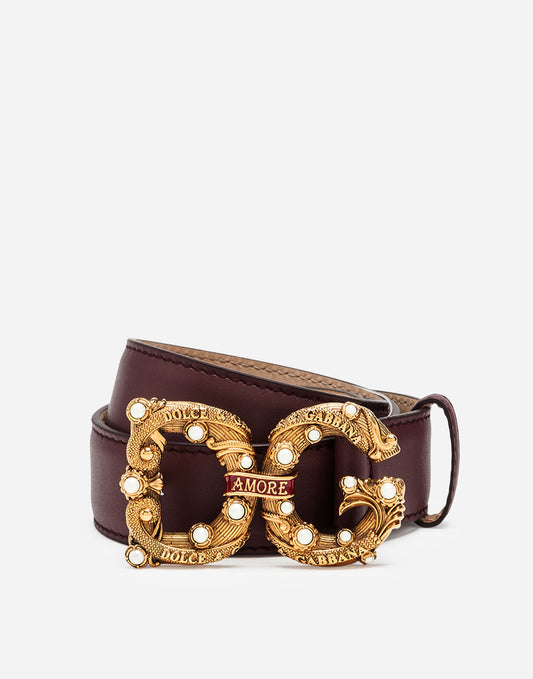 New Dolce & Gabbana Elegant Bordeaux Leather Amore Belt