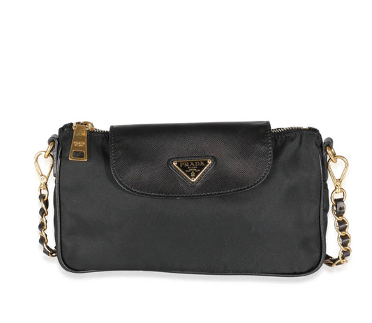 Prada Black Tessuto Nylon Saffiano Small Flap Crossbody