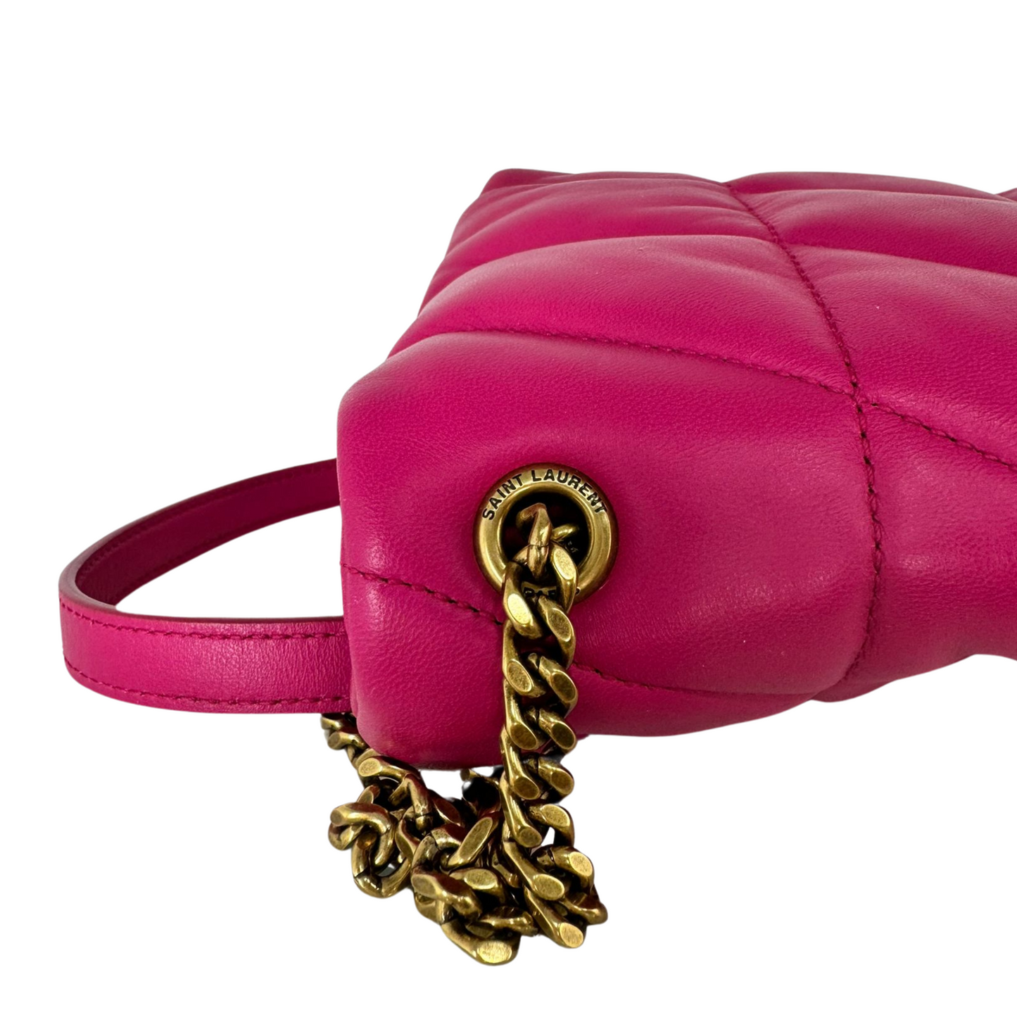 SAINT LAURENT Lambskin Quilted Toy Loulou Puffer Monogram Chain Satchel Lipstick Fushia