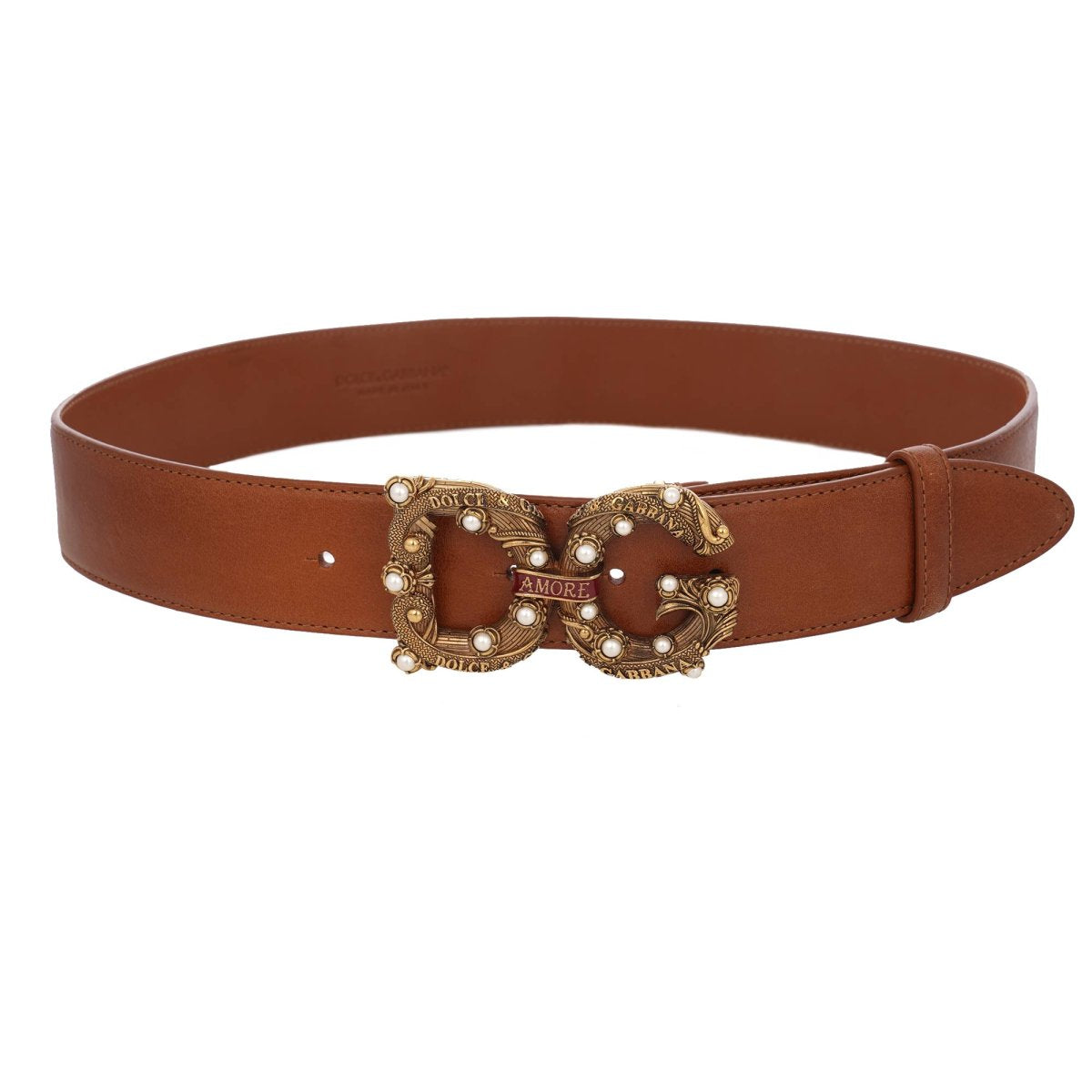 New Dolce & Gabbana DG Amore Pearl Logo Leather Belt Brown Gold
